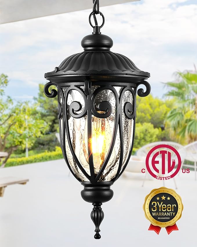 VIANIS Black Outdoor Pendant Light Lantern, Modern Chandelier, Handcrafted Hanging Lights with Seed Glass, Outdoor Ceiling Lights for Porch, House, Doorway, Garden, Entryway