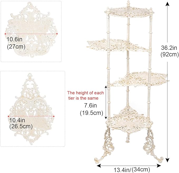 Sungmor Vintage Cast Iron 4-Tier Plant Stand, Elegant Butterfly & Floral Design with Antique White Finish, 36 Inch Tall Rustic Flower Pot Holder, Heavy Duty Metal Display Shelf for Indoor and Outdoor