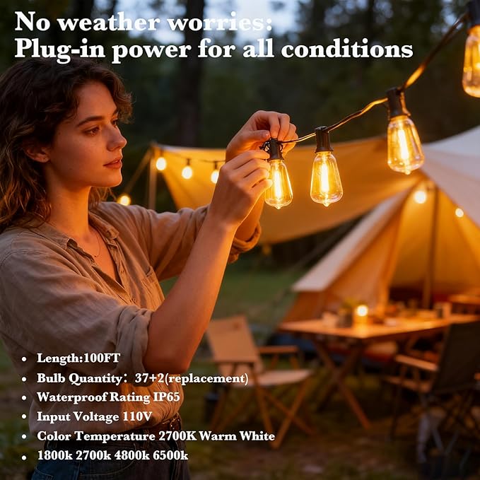 100 FT Patio Lights Outdoor Waterproof, 37+2 Shatterproof LED Bulbs Connectable Hanging Outdoor Electric Lighting, Plug-in, Balcony Camping Backyard Garden Decor with 2700K Warm White