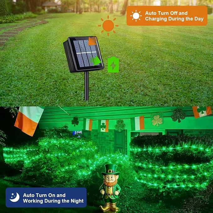 QITONG 4 Pack Solar St. Patricks Fairy Lights, Each 33ft 100 LED Green Christmas String Light Outdoor Waterproof, 8 Modes Silver Wire Twinkle Mini Lights