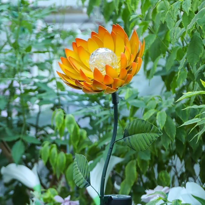 VCUTEKA Solar Garden Lights Metal Flower Decor Colorful Yellow Flowers Solar Pathway Light with LED Cracked Crystal Ball Outdoor Decorative Stake for Patio Yard Lawn