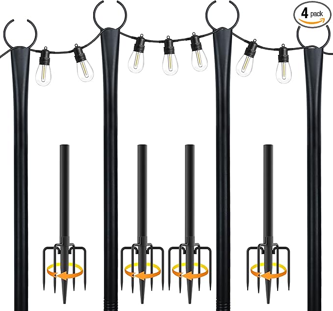 10 Ft String Light Poles for Outside, 4 Pack Heavy-Duty Metal Poles for Outdoor Hanging Lights with Fence Brackets, Outdoor String Light Pole Stand for Patio, Backyard, Garden
