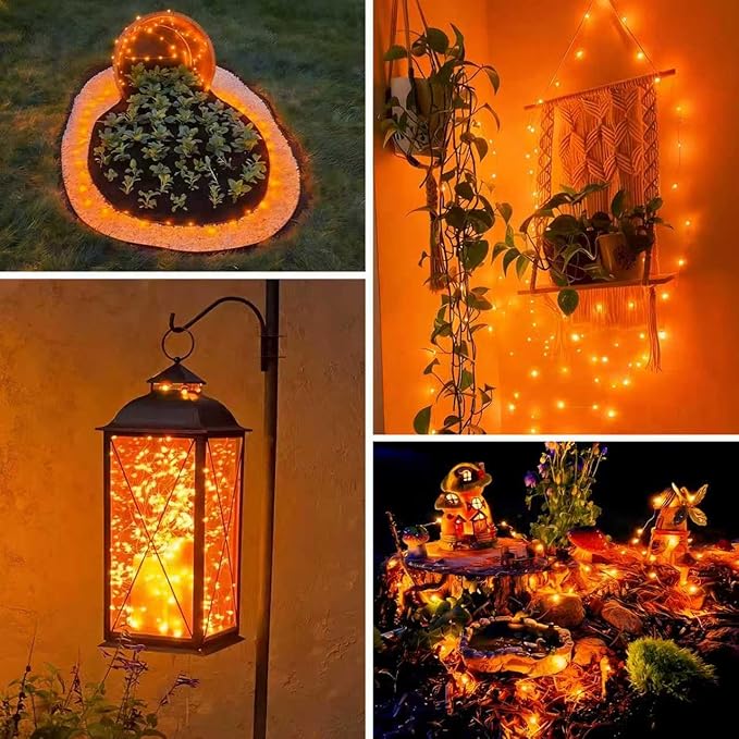 QITONG 4 Pack Solar Fairy Lights, Each 33ft 100 LED Orange Christmas String Light Outdoor Waterproof, 8 Modes Silver Wire Twinkle Mini Lights