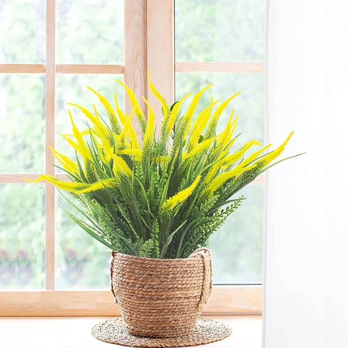 10 Bundles Artificial Plants Outdoor Fake Grass with Flowers UV Resistant Greenery Garden Porch Window Box Decorating (Yellow)