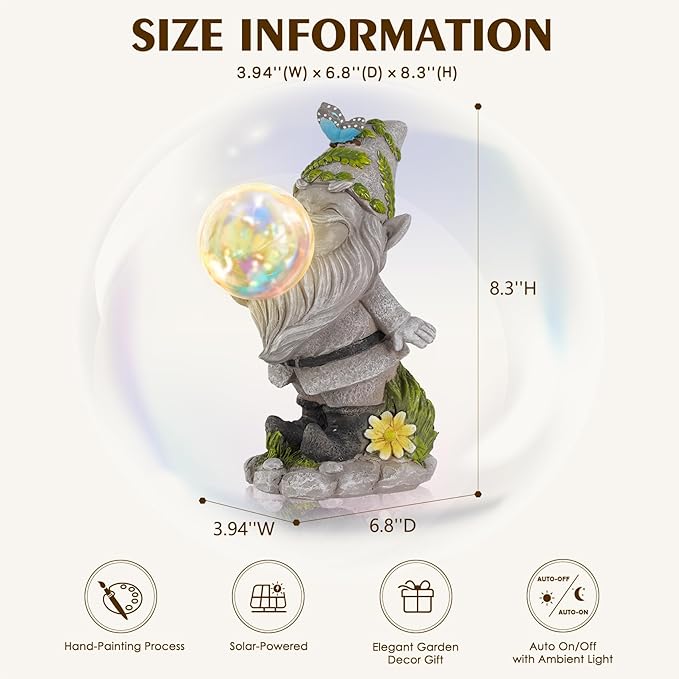 Gnome Garden Statue Solar Lights Outdoor Decoration, Lawn Decor Gift Idea for Patio, Yard, Balcony, Cute Housewarming, Birthday, for Women