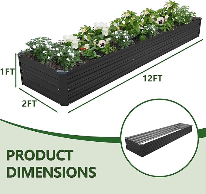 ZUNUDA 12×2×1FT(2PCS) Galvanized Raised Garden Bed Kit, Metal Planter Boxes,Large Outdoor Planters Garden for Planting Vegetables,Flowers,Herbs -Black
