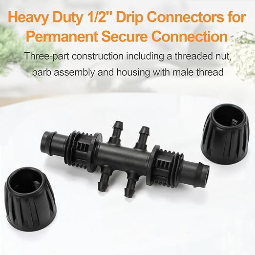 Copadri 12 Pcs 1/2 inch to 1/4 inch Drip Irrigation Tubing Fittings, 1/2" Drip Tubing (1/2" ID x 0.65" OD) to 4 Way 1/4" Irrigation Tubing Locked Barbed Reducing Tee Connectors for Garden Systems