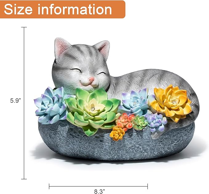basen Solar Sleeping Cat Outdoor Garden Decor, Resin Cat Figurine with Colorful Succulent Flowers, Solar Powered LED Light, Waterproof Yard Lawn Patio Ornament, Cute Animal Gift for Home Garden