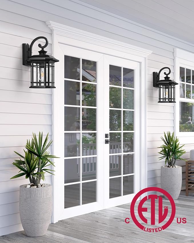 VIANIS 16.7 in Large Black Dusk to Dawn Outdoor Lighting, Anti-Rust Porch Light Fixture with Seed Tempered Glass, Waterproof Outdoor Wall Lights, Exterior Lighting Fixtures for House, Garden, Garage
