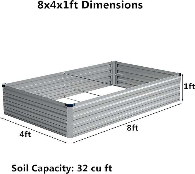 zunatu 8x4x1 ft(2 Pack) Galvanized Raised Garden Bed,Outdoor Planter Box Metal Patio Kit Planting Bed for Vegetables Flowers and Succulents,Silver