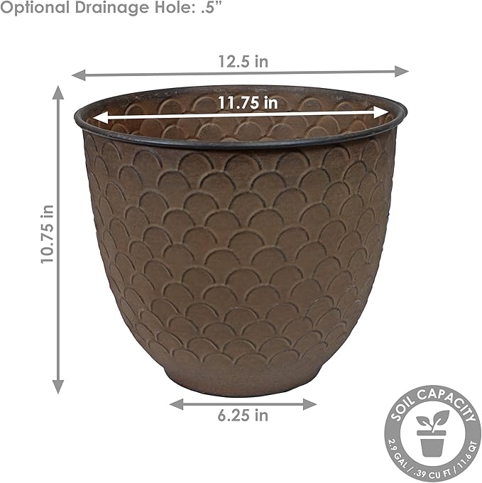 Sunnydaze Dinah 12.5" Metal Outdoor Plant Pot Set with Drainage Holes and Rubber Plugs - Matte Brown - Set of 4
