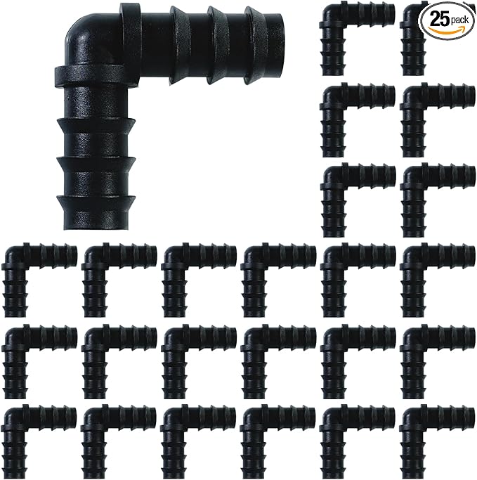 RYXZEN 25 PCS Drip Irrigation Elbow Fittings Kits Drip Line Barbed Connectors OD 0.60" L Connector, Fits for Most 1/2 Inch PE PIPE or O.D. 16mm Drip Tubing in Irrigation Sprinkler System