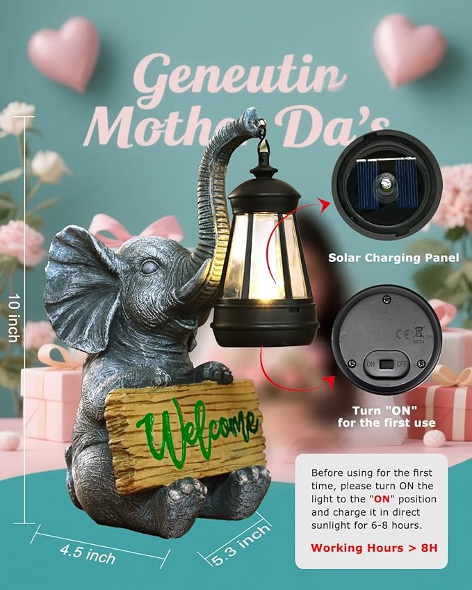 KVR Solar Elephant Garden Lights, Outdoor Welcome Statue Decor for Patio Yard, Birthday Gift for Women Mom Grandma (2025 New Gift Ready) (Green)