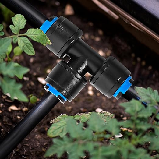 10 Pack 1/4" Drip Irrigation Tee Connectors, Quick Connect Universal Drip Irrigation Tubing Coupling Valve, Connector Locking Fitting for Sprinkler or Drip Irrigation System