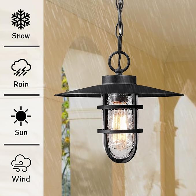 Outdoor Pendant Light for Porch, 12" Black Outdoor Chandelier with Seeded Glass, Farmhouse Exterior Hanging Lantern with 70" Adjustable Chain for Patio Gazebo Front Door(Bulb Included