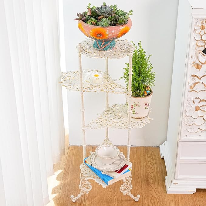 Sungmor Vintage Cast Iron 4-Tier Plant Stand, Elegant Butterfly & Floral Design with Antique White Finish, 36 Inch Tall Rustic Flower Pot Holder, Heavy Duty Metal Display Shelf for Indoor and Outdoor