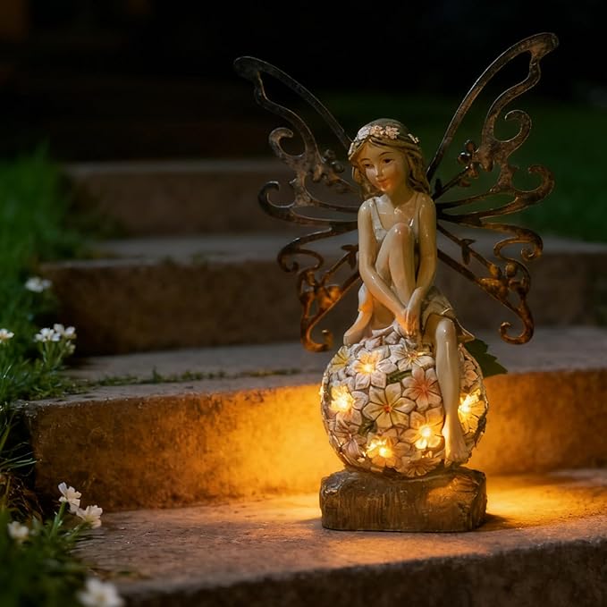 Flower Fairy Garden Decor,Garden Fairy Statues Outdoor,Solar Powered Outdoor Fairy Figurine Accessories,Patio Lawn Yard Porch, Resin Ornaments for Outside Gifts,9.45 Inches Tall