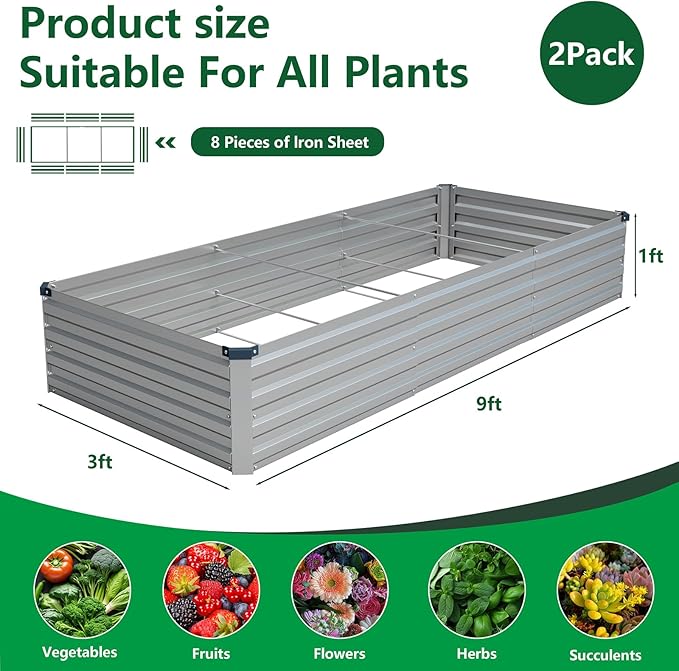 Vengarus 2 Pack 9x3x1FT Galvanized Raised Garden Bed Kit, Outdoor Metal Planter Box for Vegetables, Rectangular Steel Container, Easy Assembly (Silver)
