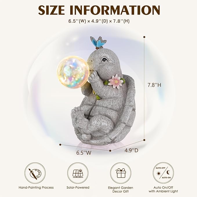 Solar Turtle Statues Garden Decor with Bubble LED Light, Outdoor Tortoise Statue for Patio, Lawn, Yard Gift for Mother's Day, Birthday, Housewarming