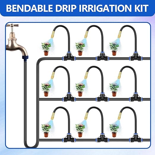 54.8ft 360° Bendable Drip Irrigation Kit with Misting Tube - Adjustable Automatic Irrigation System System for Garden, Lawn, and Plants(Easy Installation, 6-Step Setup)