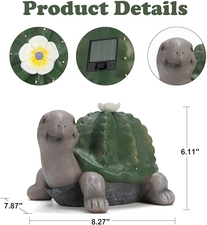 Solar Cactus Turtle Statue Garden Decor Light - Outdoor Decorative LED Flower, Suitable for Patio, Lawnand Garden Decorations, Gifts for Mom