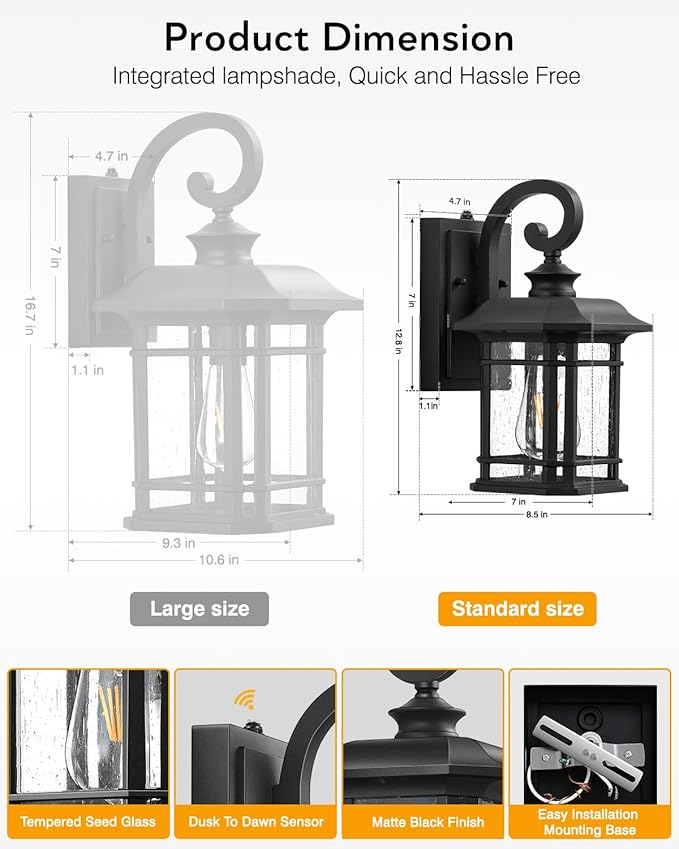 VIANIS Black Outdoor Light Fixture Dusk to Dawn, 2 Pack Porch Lights Outdoor, Exterior Lighting Fixtures with Seed Tempered Glass, Outside Lights for House, Garage, Doorway, Patio