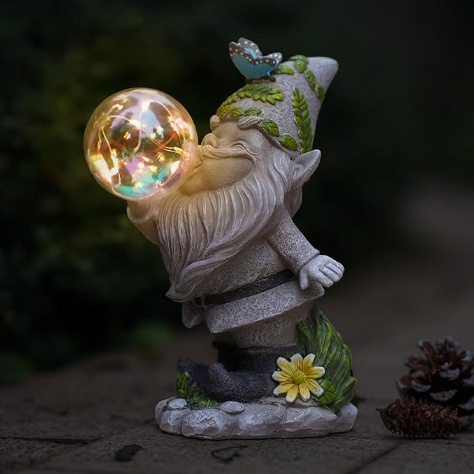Gnome Garden Statue Solar Lights Outdoor Decoration, Lawn Decor Gift Idea for Patio, Yard, Balcony, Cute Housewarming, Birthday, for Women