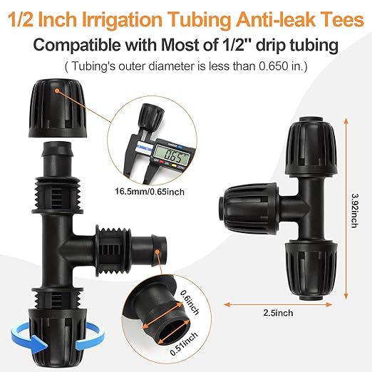 Copadri 12 Pieces 1/2 Inch Drip Irrigation Tee Fittings, 1/2'' Drip Line Barbed Locked Tee Connectors for 1/2 Inch Irrigation Tubing (1/2" ID x 0.640" OD) Anti-leak 3-Way Irrigation System Parts