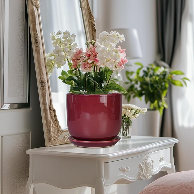 SUNPOTFOR Ceramic Flower Pot for Plants - Cylinder Modern 8 Inch Plant Pot Indoor with Drainage Hole and Saucer, Home Office Room Porch Decor, Red