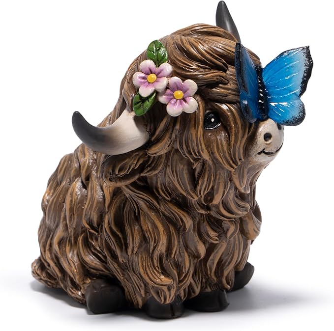 basen Solar Powered Highland Cow Statue for Garden, Resin Outdoor Decor with Illuminated Butterfly, Waterproof Lawn Yard Ornament with Auto On Off Light for Patio Backyard