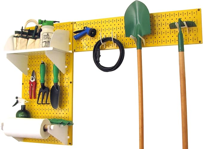 Wall Control Pegboard Garden Supplies Storage and Organization Garden Tool Organizer Kit with Yellow Pegboard and White Accessories