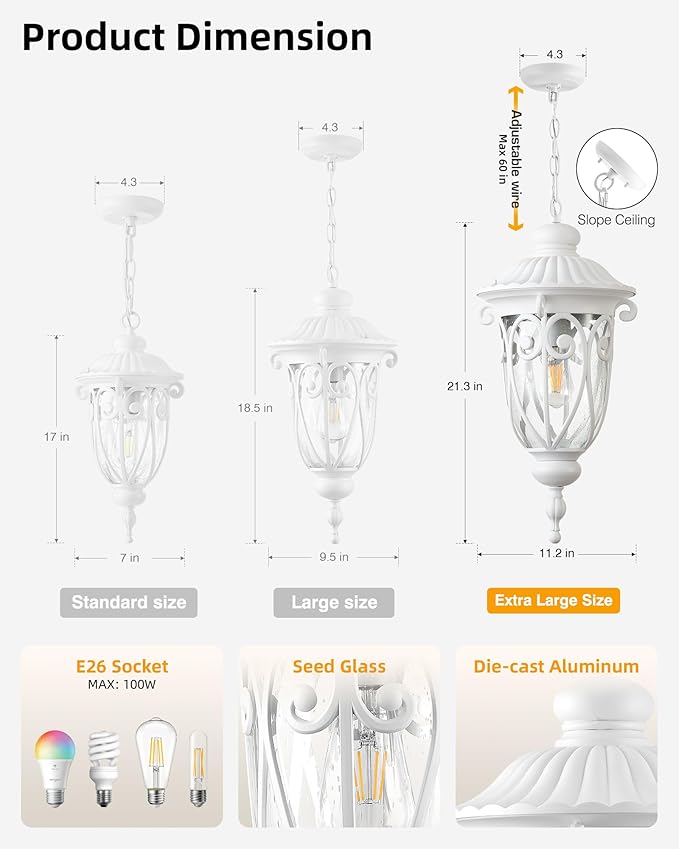 VIANIS Extra Large Outdoor Pendant Lights, 21.3 in White Modern Chain-Adjustable Ceiling Light, Waterproof Outdoor Chandelier with Seed Glass, Outside Pendant Light for Porch, Doorway, Entryway