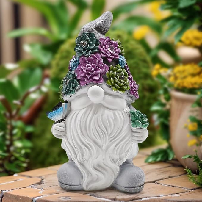 Solar Gnome Light up Figurine: Concrete Statue with Succulent & Butterfly Garden Decor Outdoor Decorations Yard Ornament - Mother’s Day Father’s Day Birthday Gift for Mom Dad Women