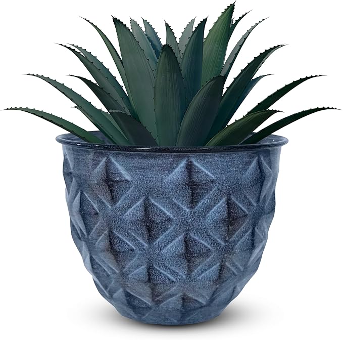 Headwind Glazed Ironstone Diamonte Collection – Capri Blue 8-Inch Decorative Plant Pot, Indoor & Outdoor, Vintage Diamond-Textured, Lightweight & Weather-Resistant for Garden Use by Robert Allen