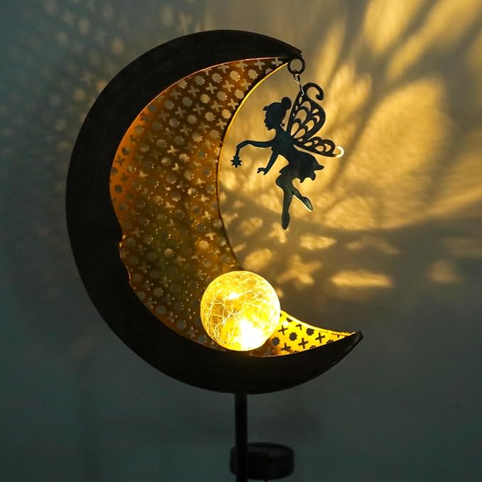 Bshine Moon Solar Light Outdoor Garden Decor, Moon Fairy Garden Statue Decor,Metal Waterproof Light Stake for Patio, Path, Yard and Lawn Ornament, Housewarming Gift for Mom,Bronze