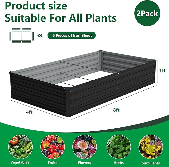 Vengarus 8x4x1FT (2 Pack) Galvanized Raised Garden Bed Kit, Outdoor Metal Planter Box for Vegetables, Rectangular Steel Container, Easy Assembly (Black)