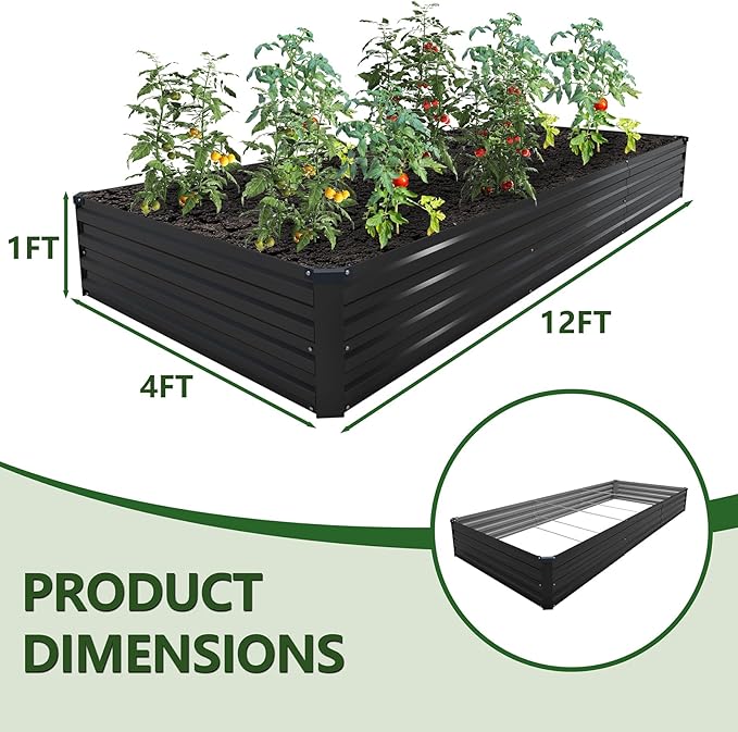 ZUNUDA 12×4×1FT(2PCS) Galvanized Raised Garden Bed Kit,Metal Planter Boxes,Large Outdoor Planters Garden for Planting Vegetables,Flowers,Herbs -Black
