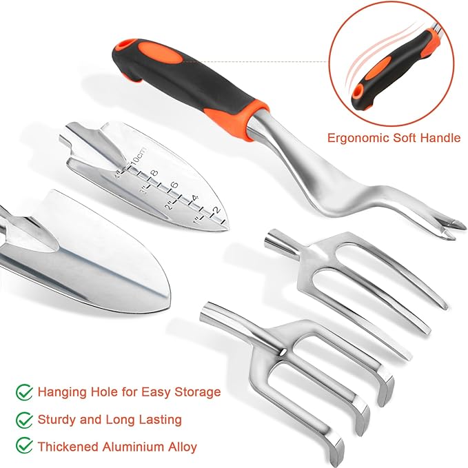 Garden Tools Set, 8 Piece Gardening Tools Set with Non Slip Ergonomic Handle, Heavy Duty Garden Tool Set with Storage Bag, Gardening Kit for Women, Garden Hand Tools Gift for Women and Men, Orange