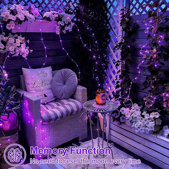 QITONG 4 Pack Solar Fairy Lights, Each 33ft 100 LED Purple Christmas String Light Outdoor Waterproof, 8 Modes Silver Wire Twinkle Mini Lights