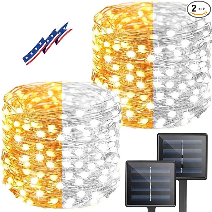 (Warm White ⇋ Cool White) Solar String Lights Outdoor, 2-Pack 80FT 200 LED Waterproof Copper Wire Solar Twinkle Lights for Outside with 8 Modes, Fairy Light for Tree Garden Wedding Patio Decorations