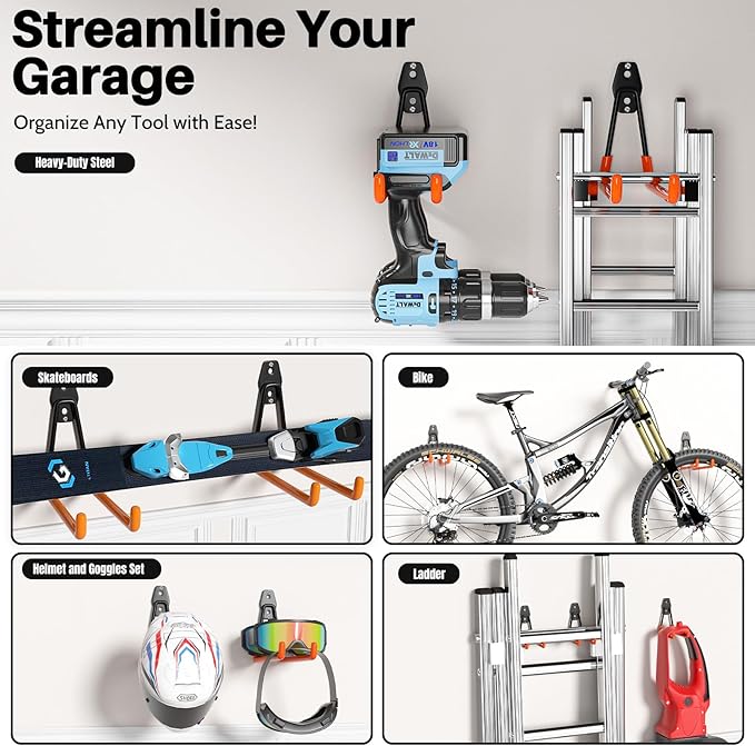 Wallavant Garage Hooks Heavy Duty 6 Pack Utility Wall Mount Storage Hangers with Extension Cord Holder Organizer for Power Tool Garden Tool Ladder Hose and More