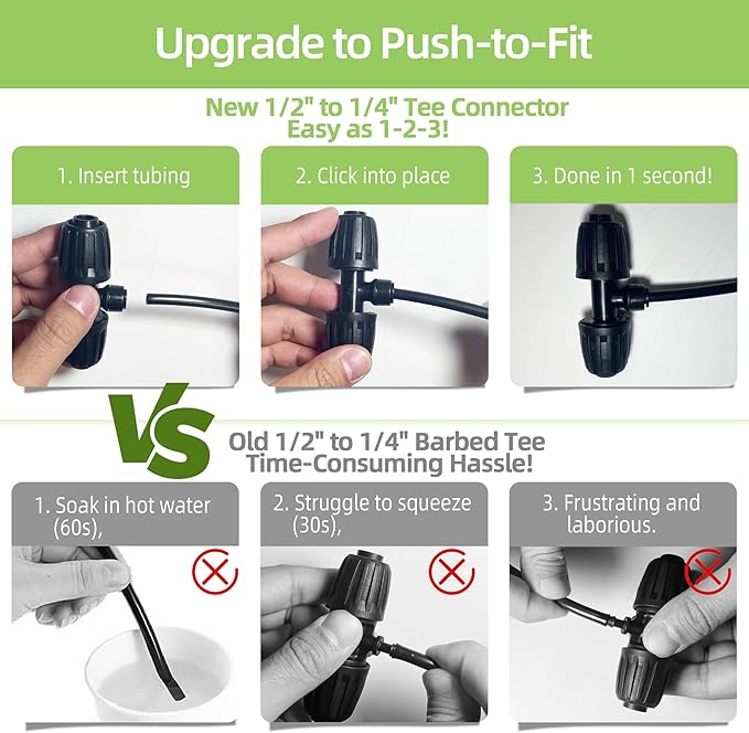4 Pack 1/2'' to 1/4'' Drip Irrigation Fittings, Push-to-Connect 3 Way Drip Irrigation Part Barbed Tee Connectors, Anti-leak Locked Splitter Fitting for 1/2" Irrigation Tubing (0.6''-0.67''OD)