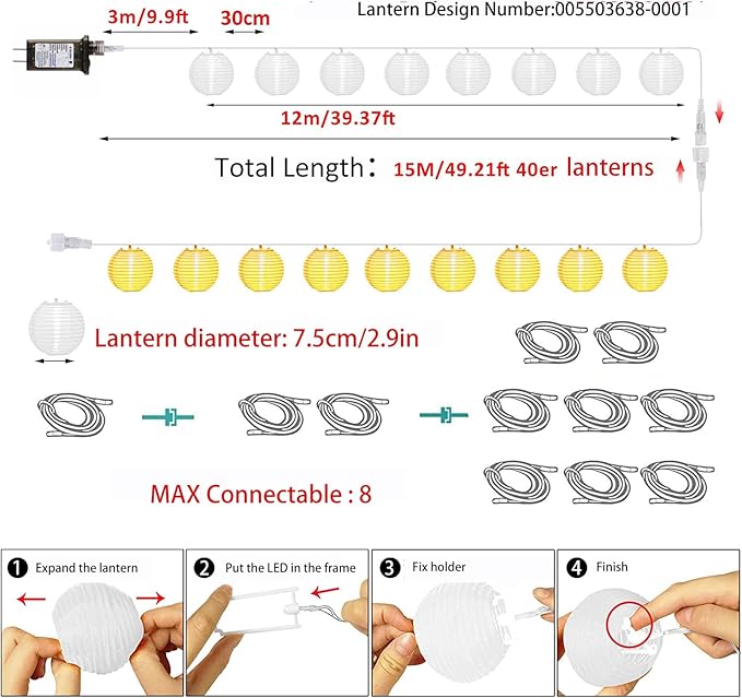 Lantern String Lights Outdoor Plug in, 40Ft Connectable Warm White & White Lantern Lights with Remote Control, 40 LEDs String Lights Outdoor for Patio Balcony Garden Bedroom