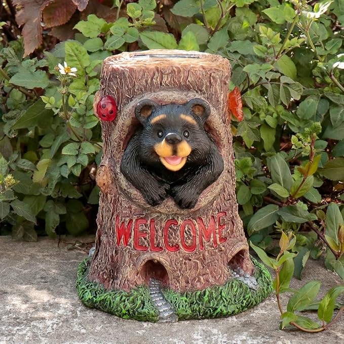 Solar Light Fairy Tree House with Bear Statue - Fun Natural Bear Figurine Sculpture with Solar LED Lights for Indoor Outdoor Art Decorations, Patio Yard Lawn Ornaments Gift