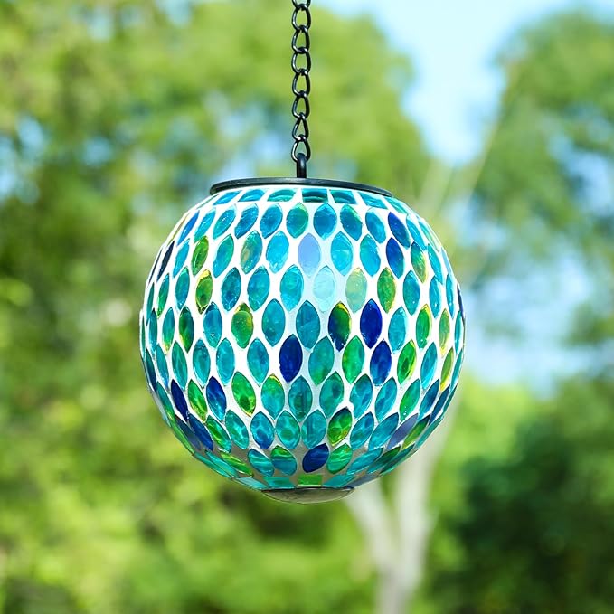 VCUTEKA Hanging Solar Lanterns Mosaic Solar Lights with Hook Up, Outdoor Garden Lights Decor for Yard Tree Fence Patio, Blue