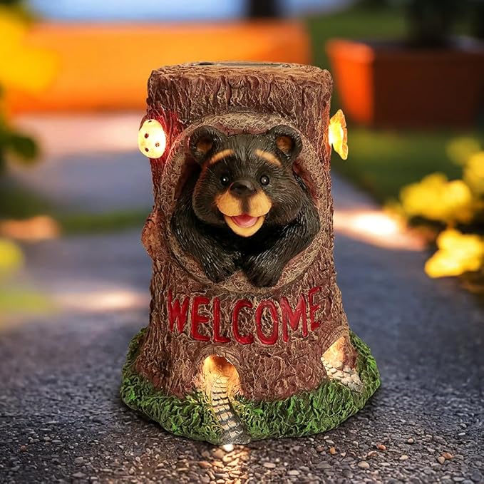 Solar Light Fairy Tree House with Bear Statue - Fun Natural Bear Figurine Sculpture with Solar LED Lights for Indoor Outdoor Art Decorations, Patio Yard Lawn Ornaments Gift