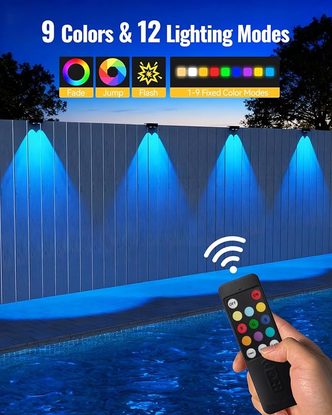 Solar Fence Lights with Remote 12 Pack, 9 Fixed Colors 12 Modes, Fence Lights Solar Powered Outdoor Waterproof, Warm/Cool White, RGB LED Deck Lights for Step/Yard/Railing/Balcony/Patio/Stairs/Outside