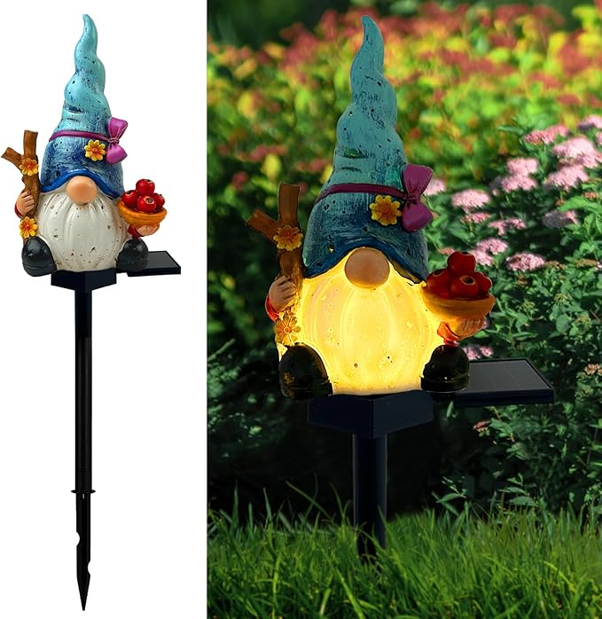 Solar Gnome Garden Lights, Outdoor Gnome Statue with Flowers & Apple, Solar Powered Fairy Garden Lights Gnome Decorations for Home Outside Yard Lawn Patio Gnomes Gifts (Blue)