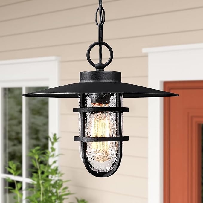 Outdoor Pendant Light for Porch, 12" Black Outdoor Chandelier with Seeded Glass, Farmhouse Exterior Hanging Lantern with 70" Adjustable Chain for Patio Gazebo Front Door(Bulb Included