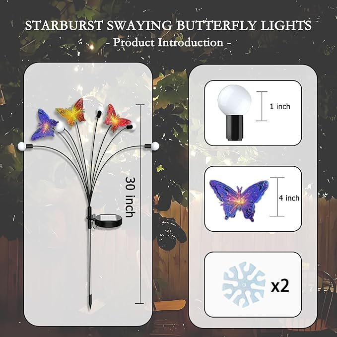 Solar Firefly Colorful Butterfly Garden Lights 2Pack Outdoor Waterproof for Pathway Landscape Camping Patio Lawn Decorations Warm White